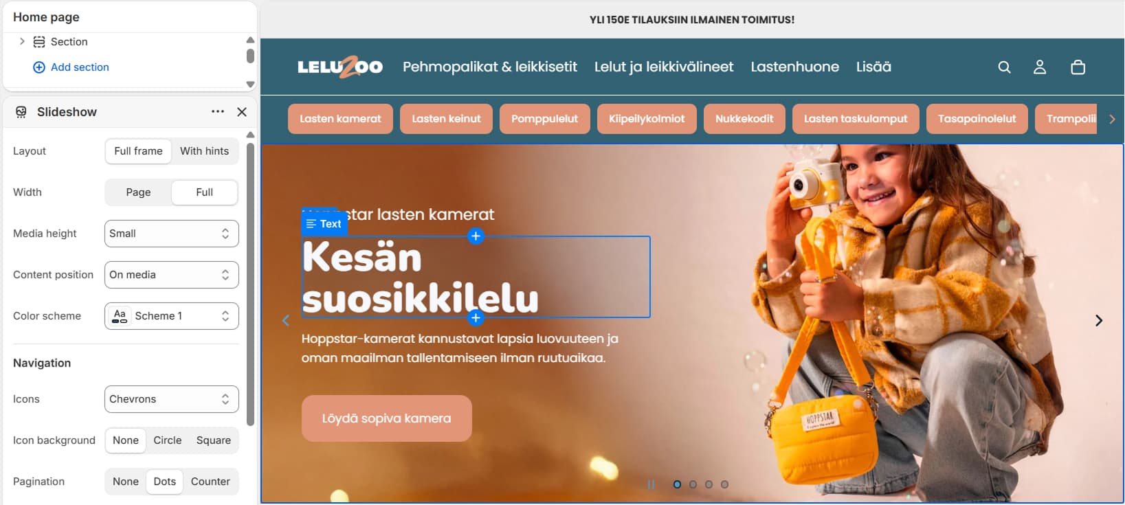 Shopifyn teemaeditori, jossa muokataan kaupan etusivua
