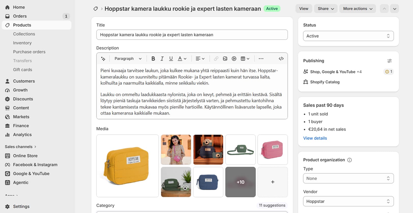 Tuotteen muokkaus Shopifyn hallintapaneelissa